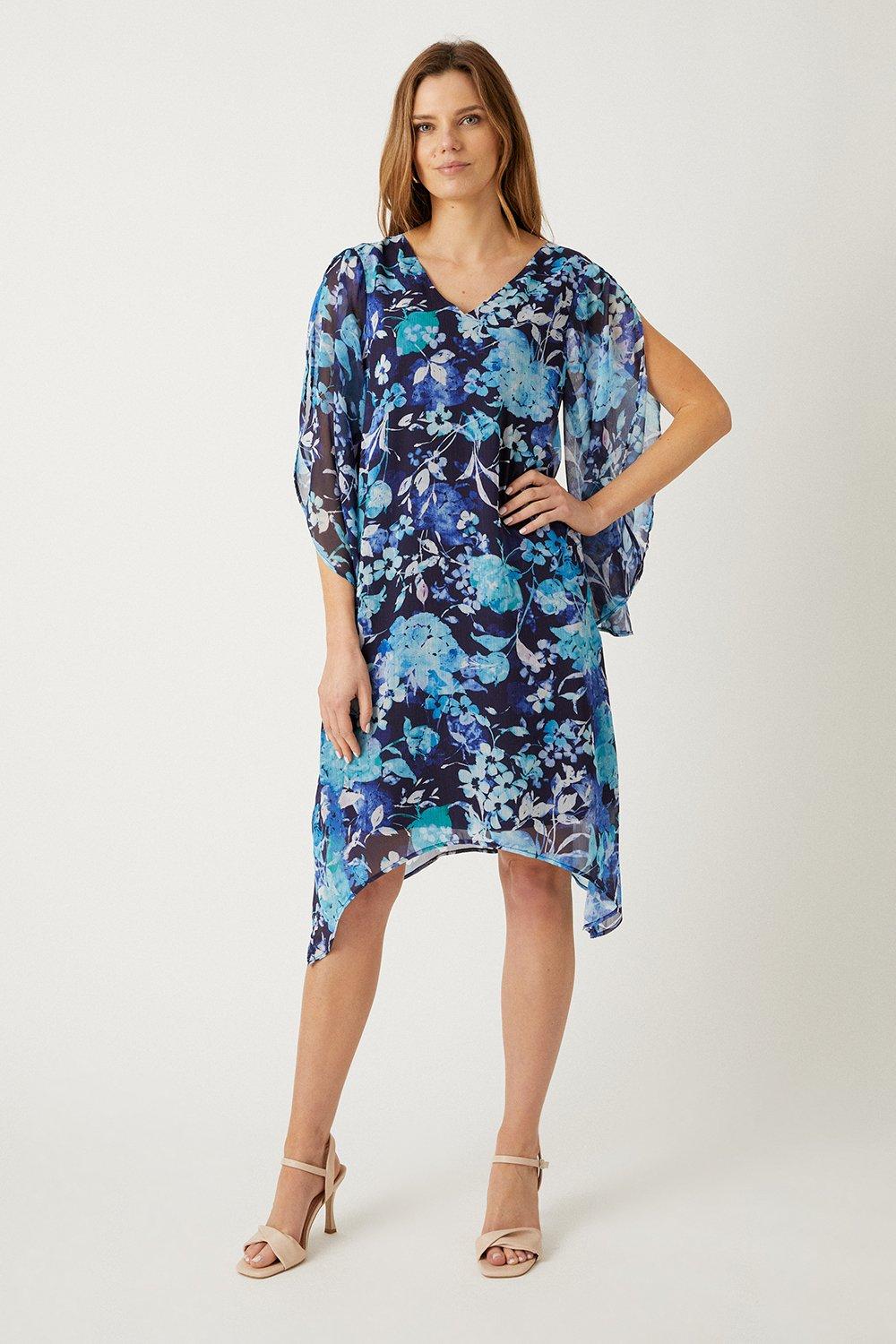 Womens Tall Blue Floral Split Sleeve Overlay Shift Dress