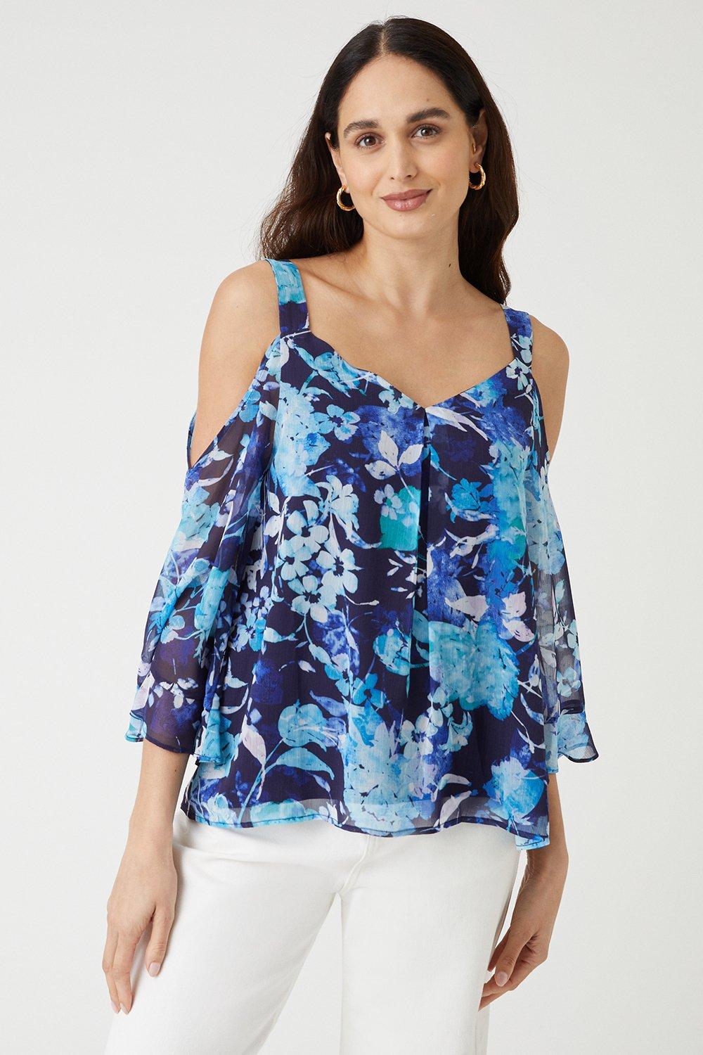 Womens Blue Floral Ruffle Sleeve Cold Shoulder Shell Top