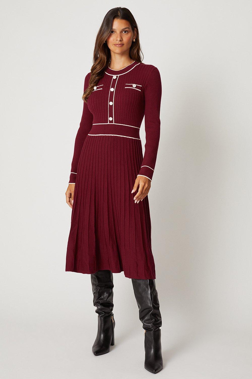 Womens Berry Ribbed Pleated Dress