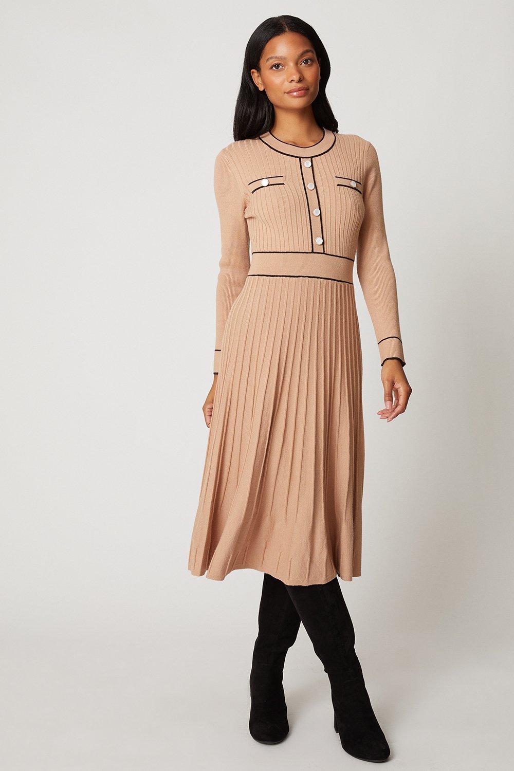 Womens Petite Ribbed Pleated Knitted Dress