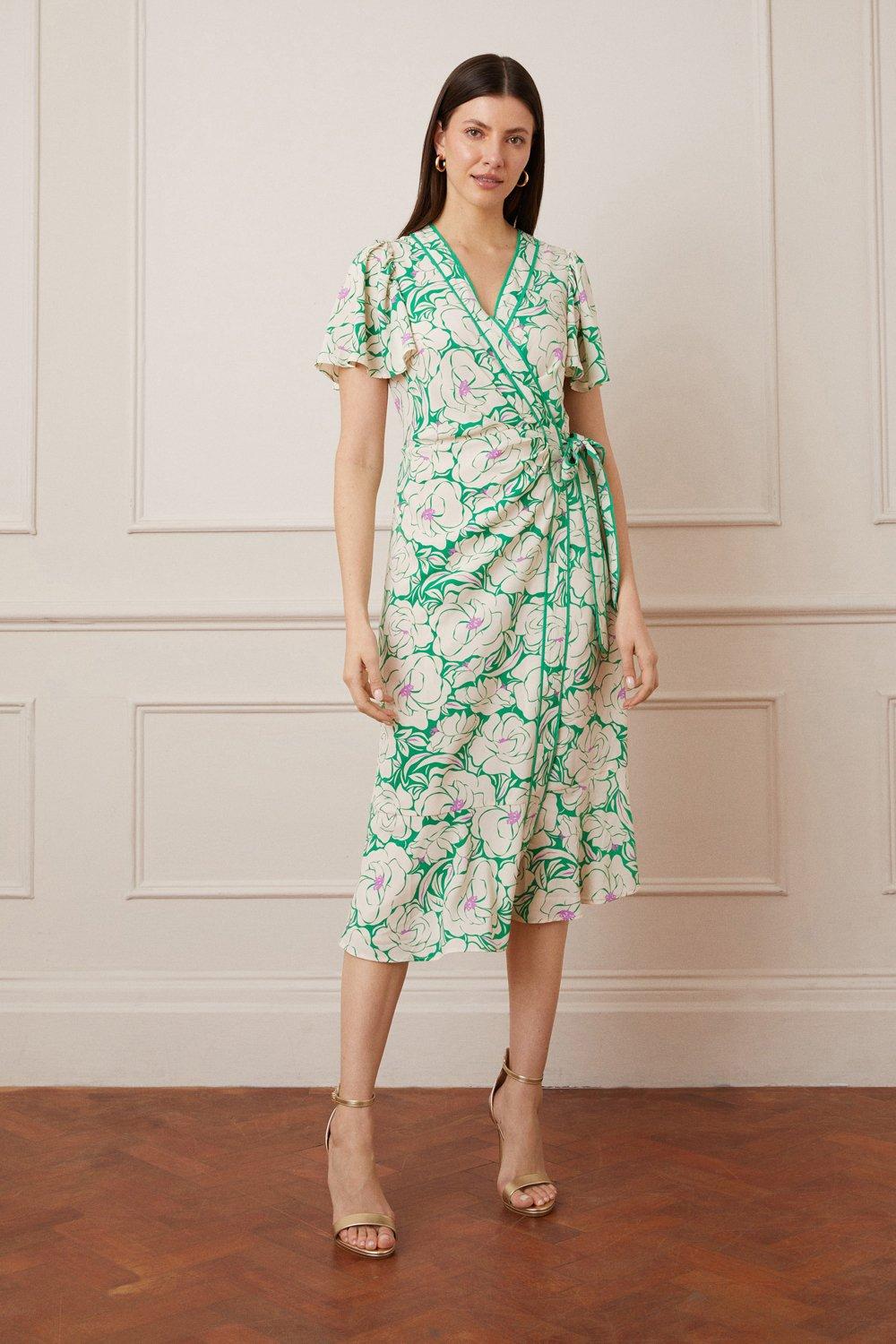 Womens Floral Contrast Piping Wrap Midi Dress