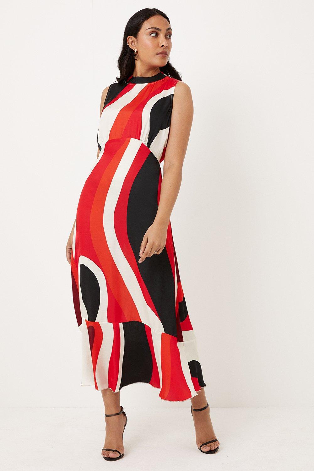 Womens Petite Red Abstract Satin Halter Neck Midi Dress