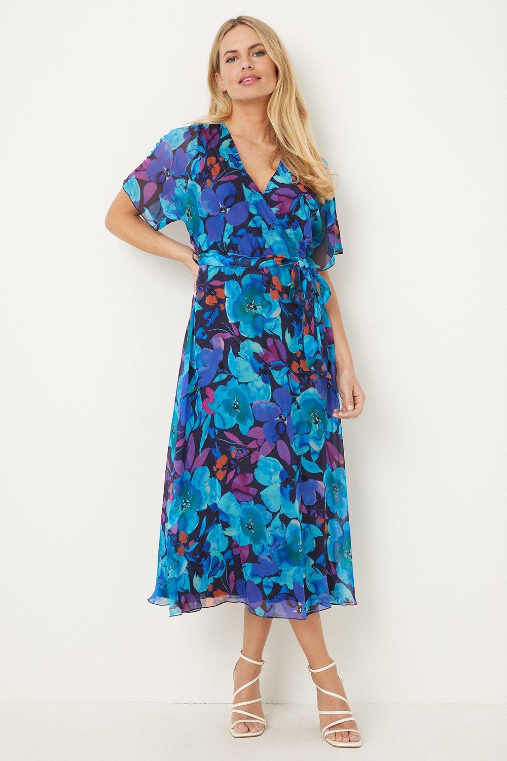 Womens Petite Blue Floral Silk Mix Wrap Midi Dress