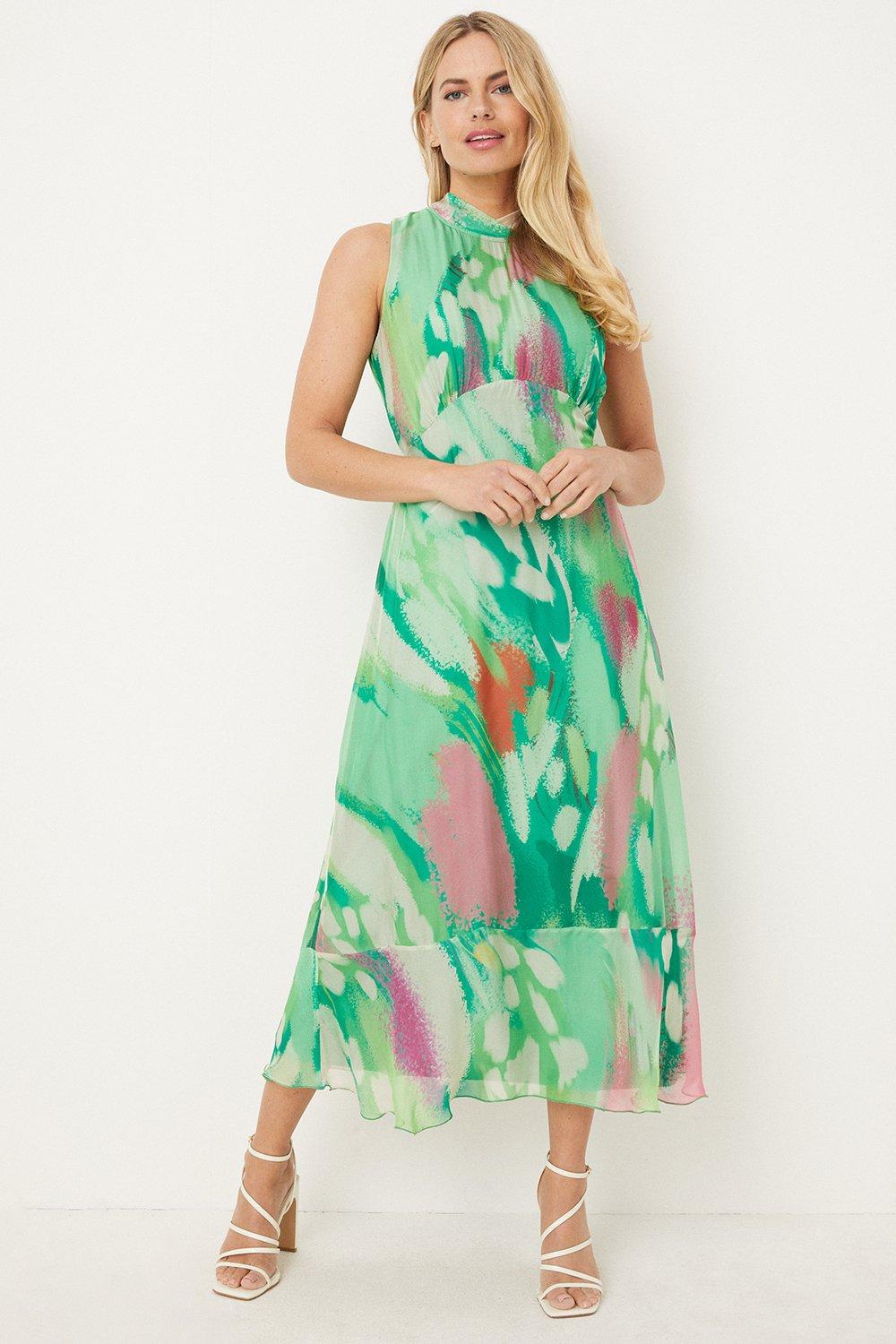 Womens Petite Green Abstract Silk Mix Sleeveless Midaxi Dress