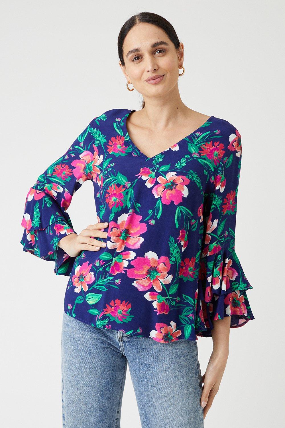 Womens Floral Viscose Flute Sleeve Top