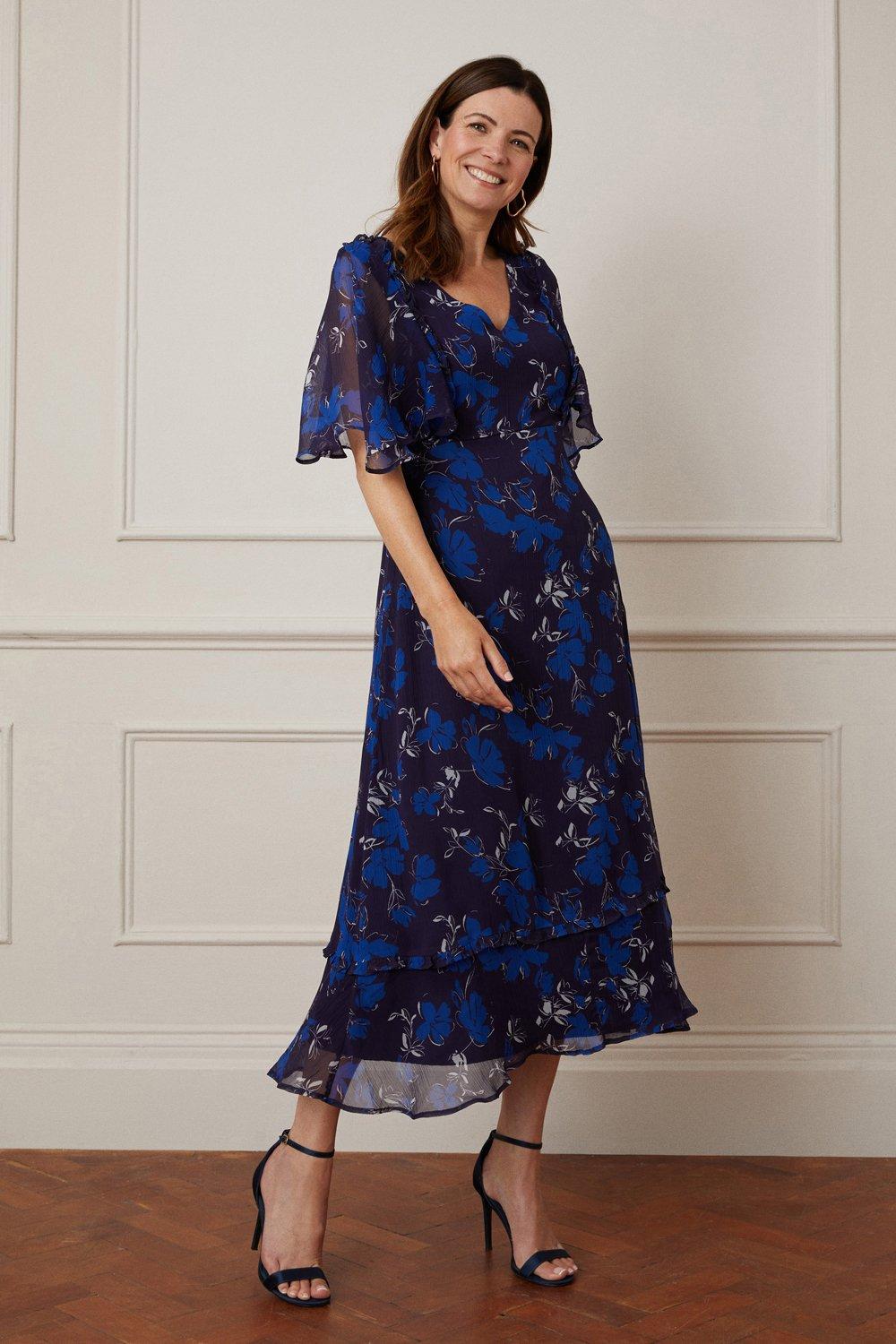 Blue floral ruffle tea dress sale