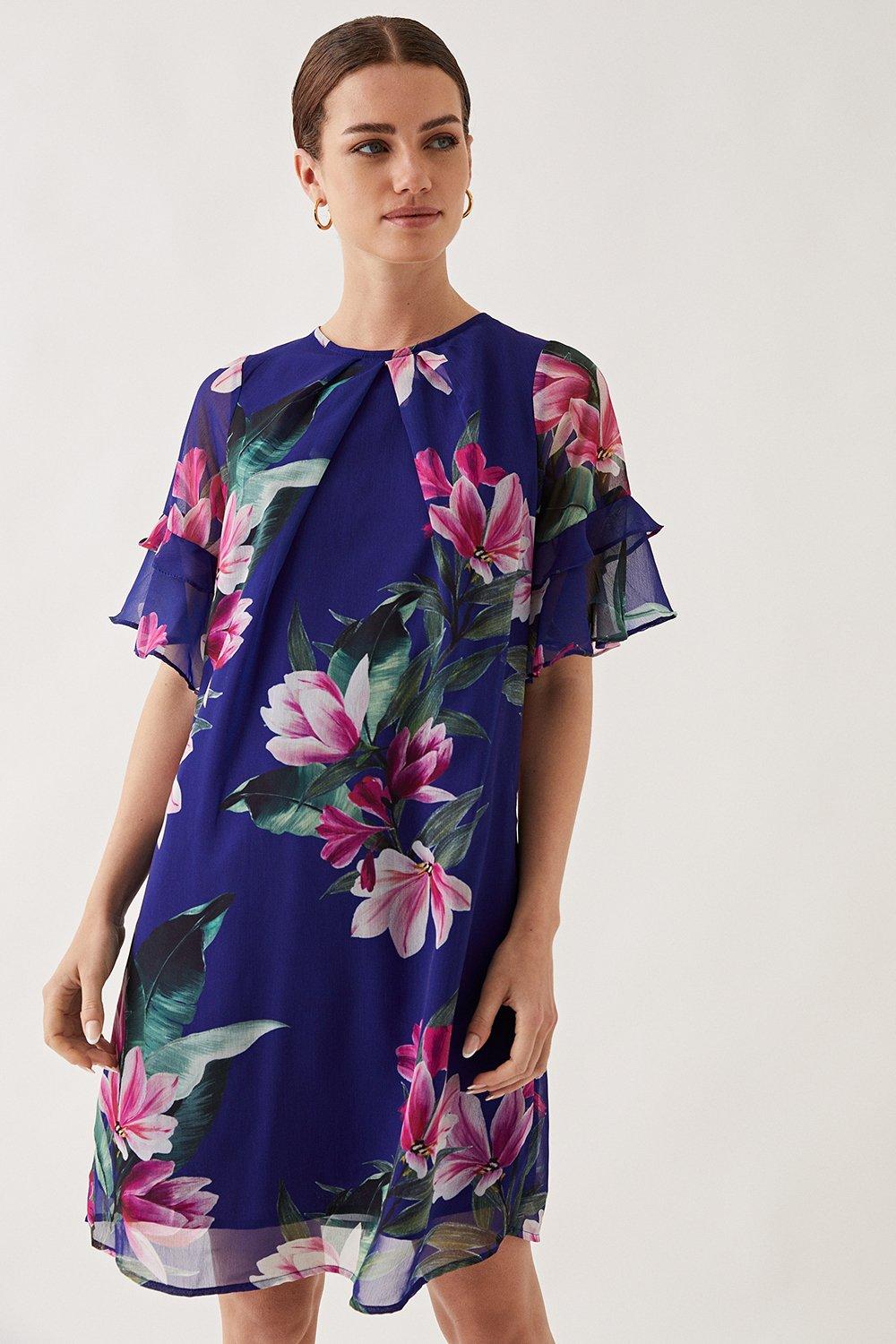 Womens Petite Navy Floral Print Ruffle Sleeve Shift Dress
