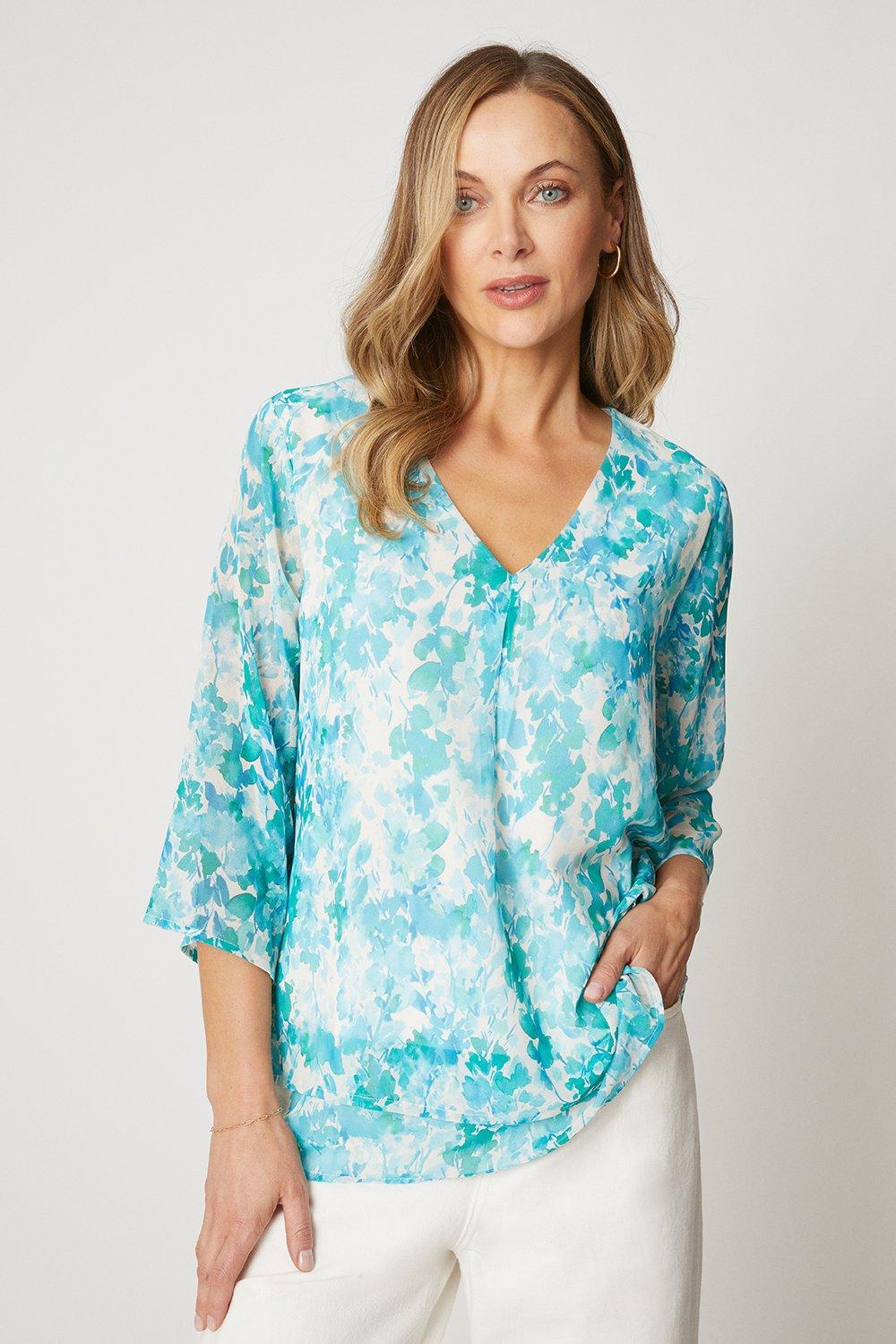 Womens Printed Double Layer V Neck Overlay Top