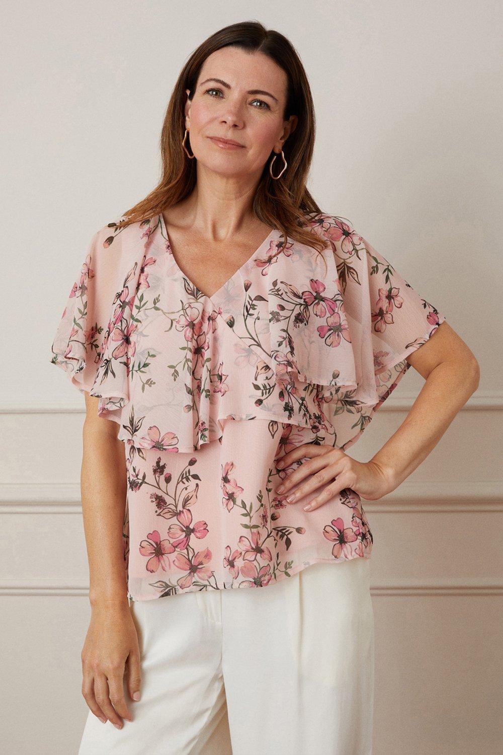 Womens Floral Print Cape Sleeve Blouse