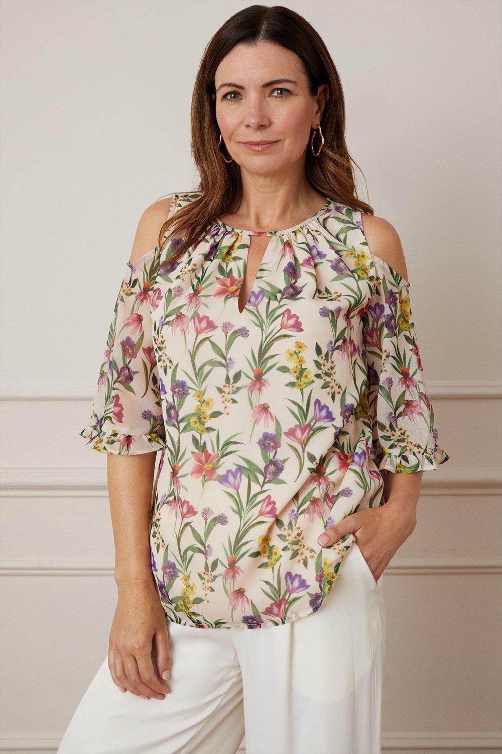Womens Floral Cold Shoulder Ruffle Sleeve Blouse