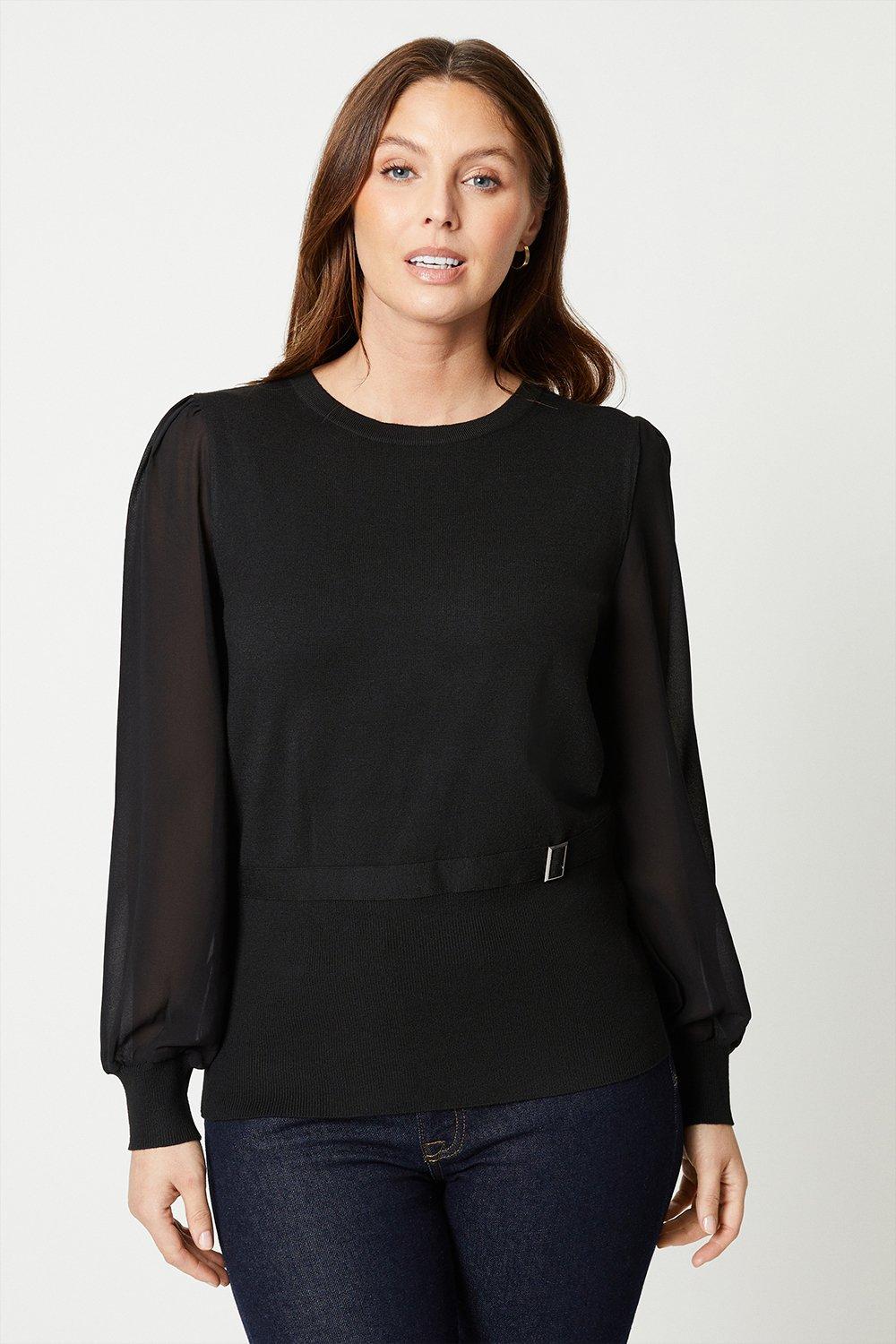 Womens Black Belted Woven Sleeve Jumper