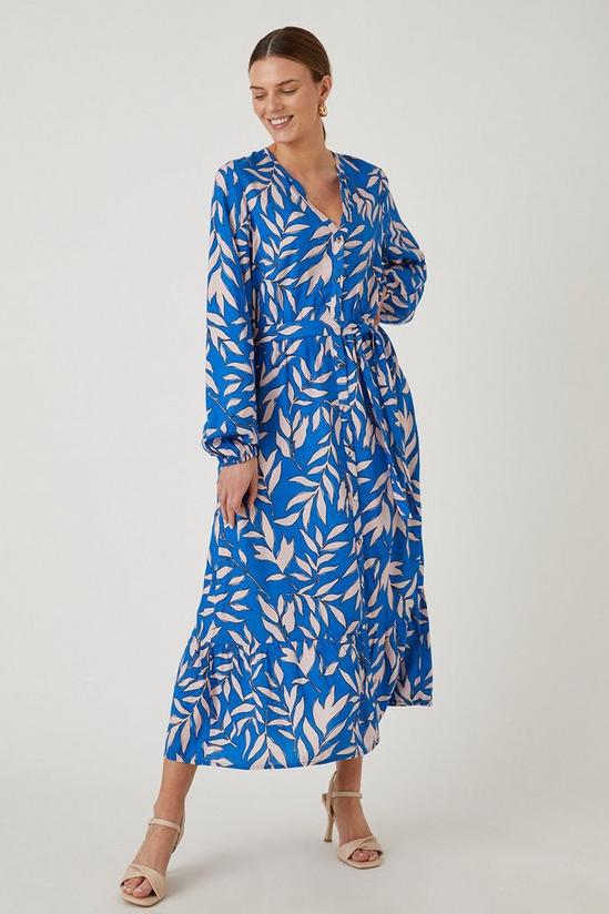 Wallis Blue Leaf Print Button Through Tiered Midi Dress 1
