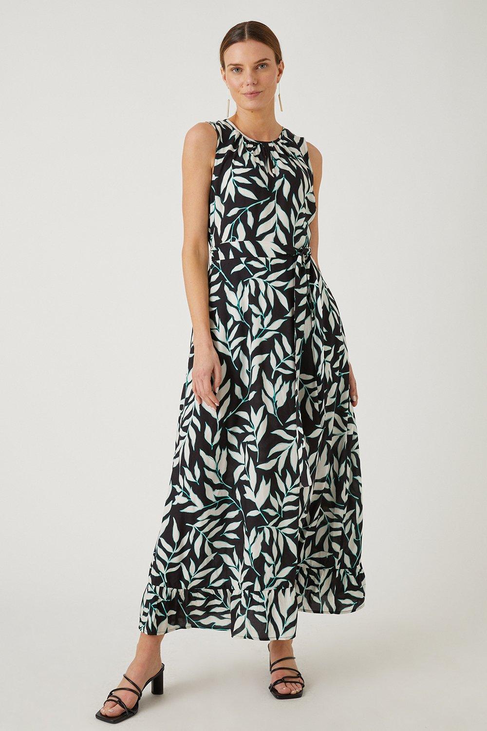 Womens Mono Leaf Print Belted Tiered Maxi Dress