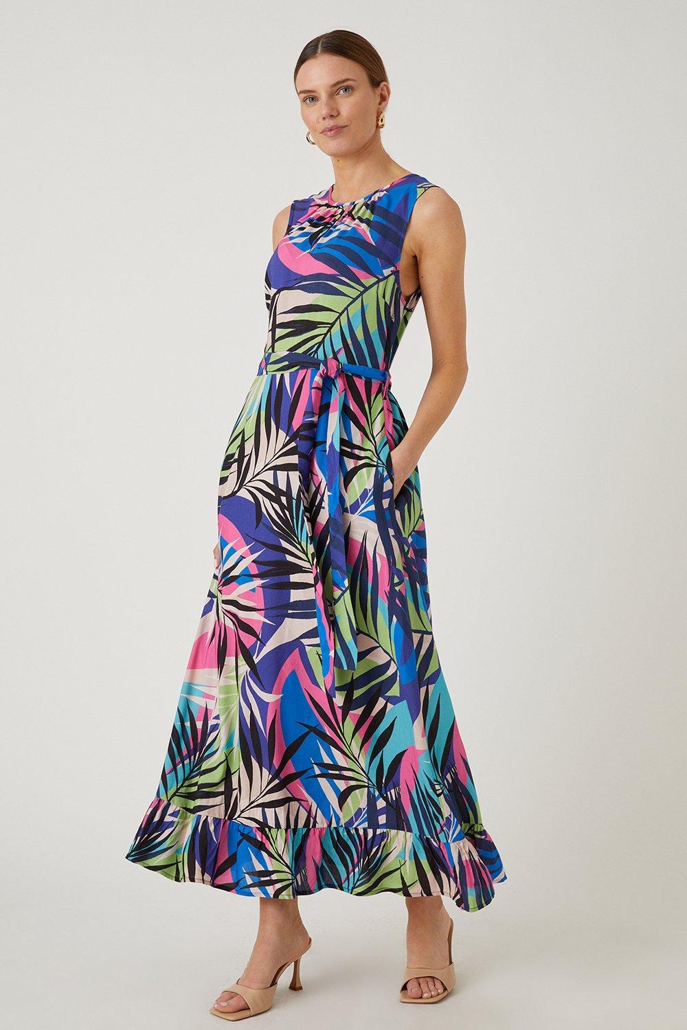 Womens Tropical Belted Tiered Maxi Dress