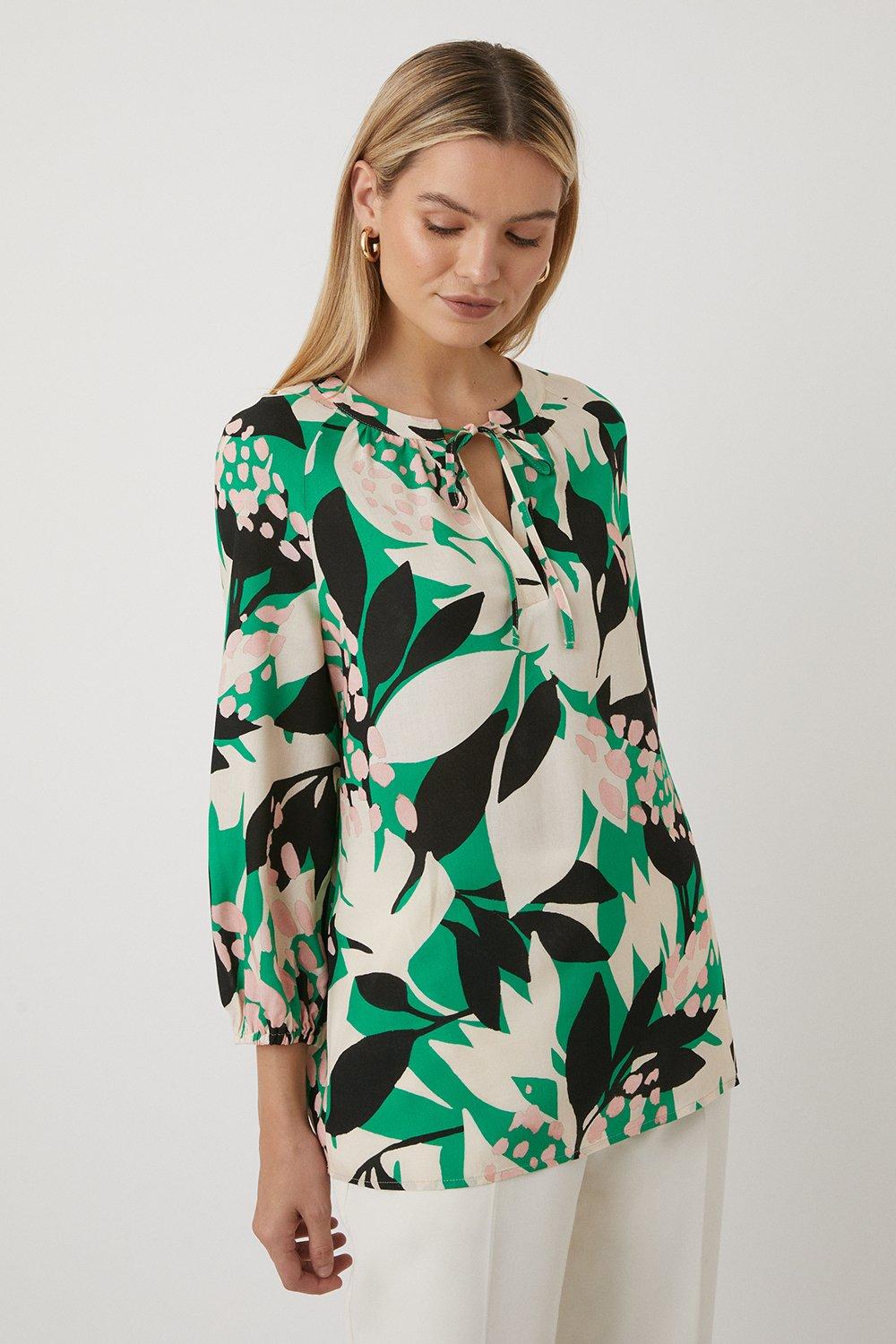 Womens Tall Green Leaf Print Tie Detail Blouse