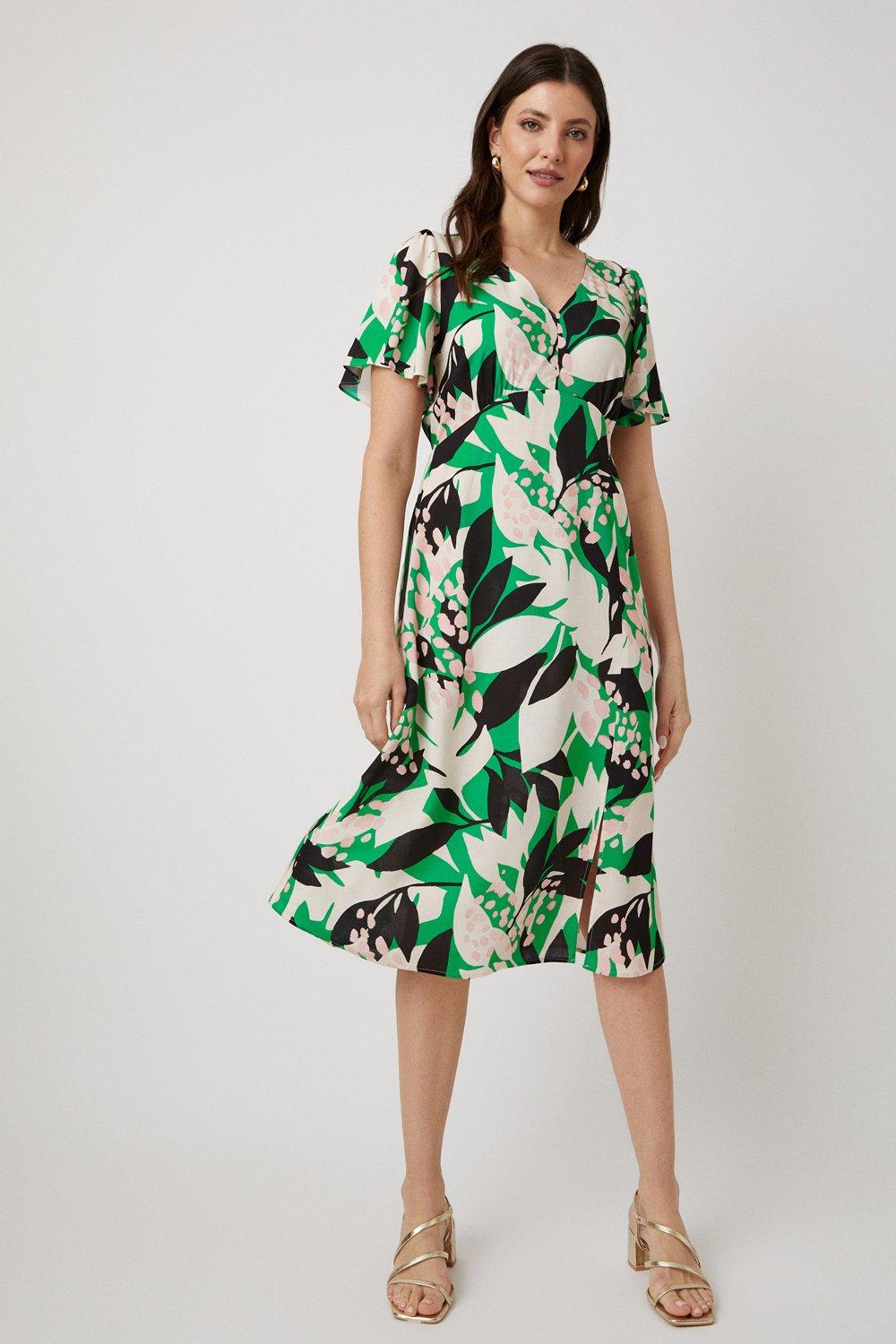 Womens Green Leaf Print Tea Midi Dress