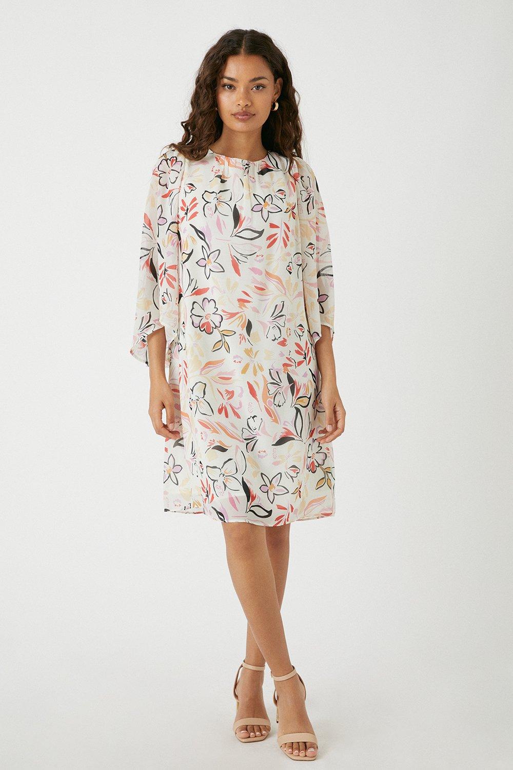 Womens Petite Abstract Printed Flute Sleeve Shift Dress