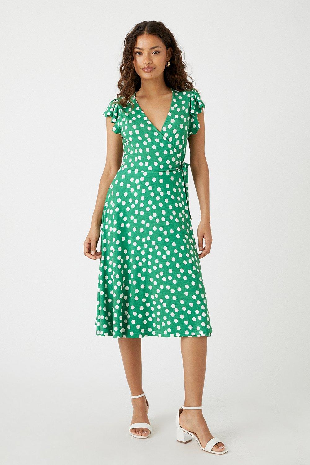 Womens Petite Green Spot Jersey Wrap Dress