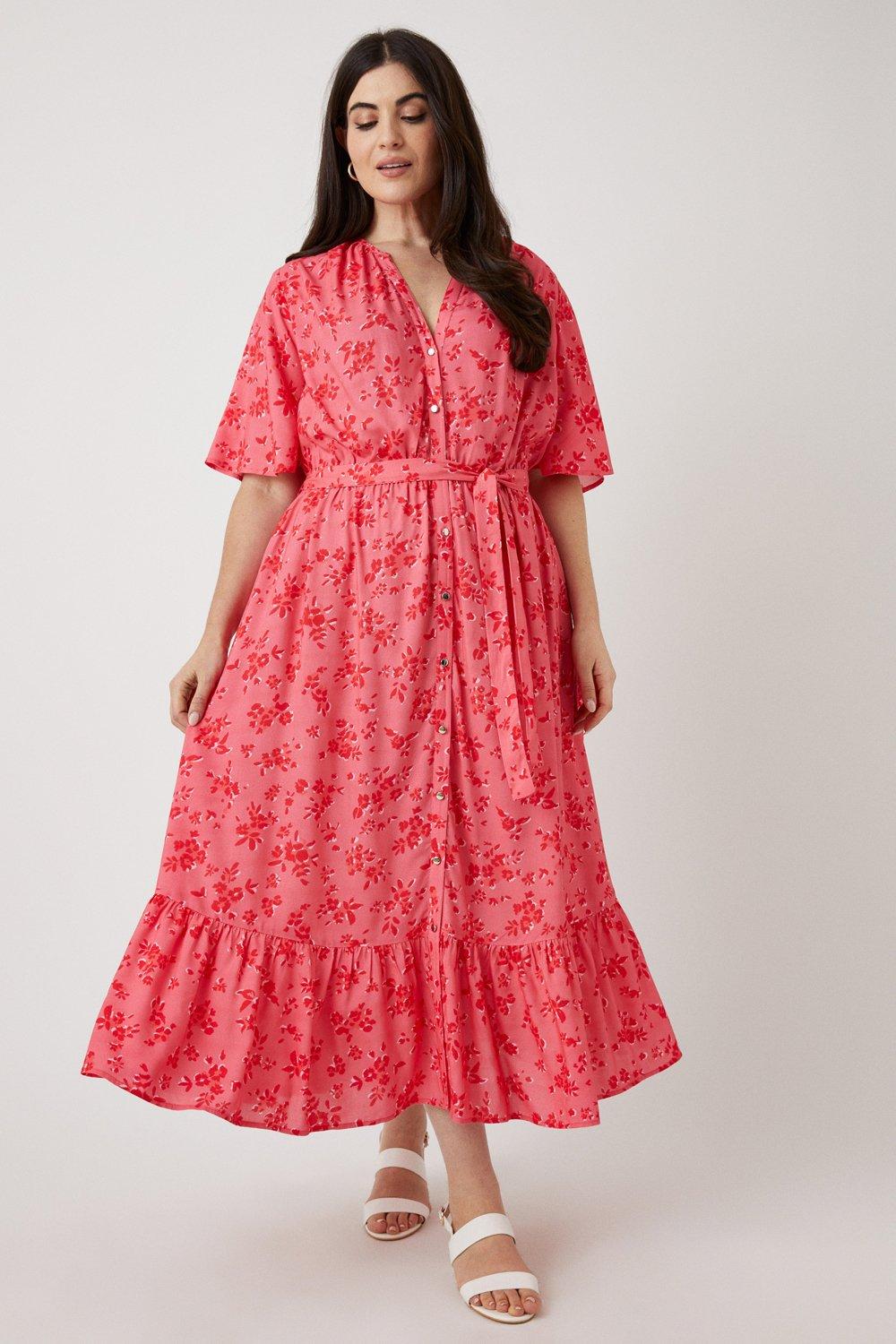 Womens Curve Red Floral Button Through Tiered Midi Dress