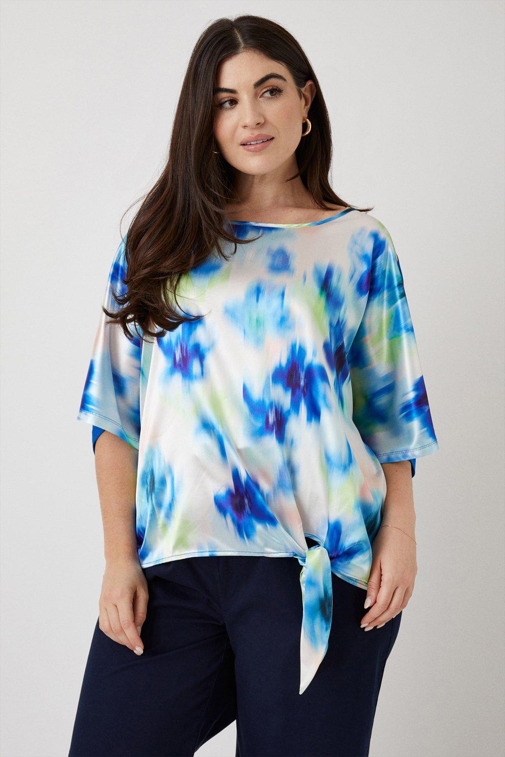 Womens Curve Satin Blue Blurred Floral Jersey Back Top