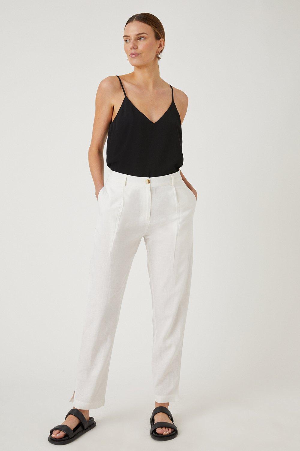 Womens White Tapered Linen Look Trousers