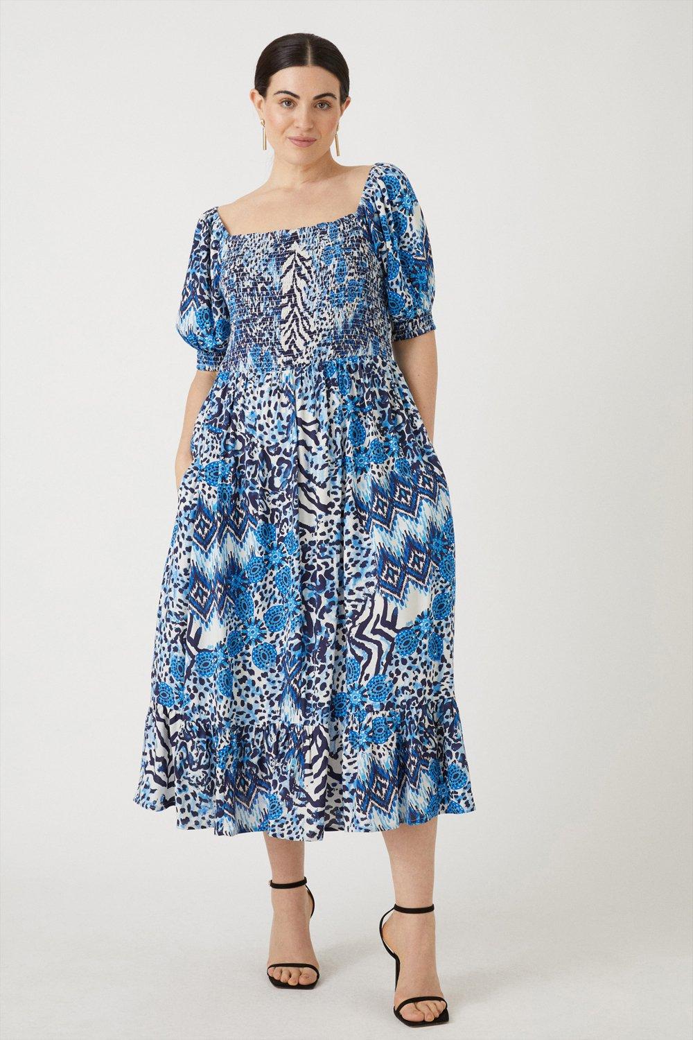Womens Curve Blue Animal Print Bardot Smock Midi Dress