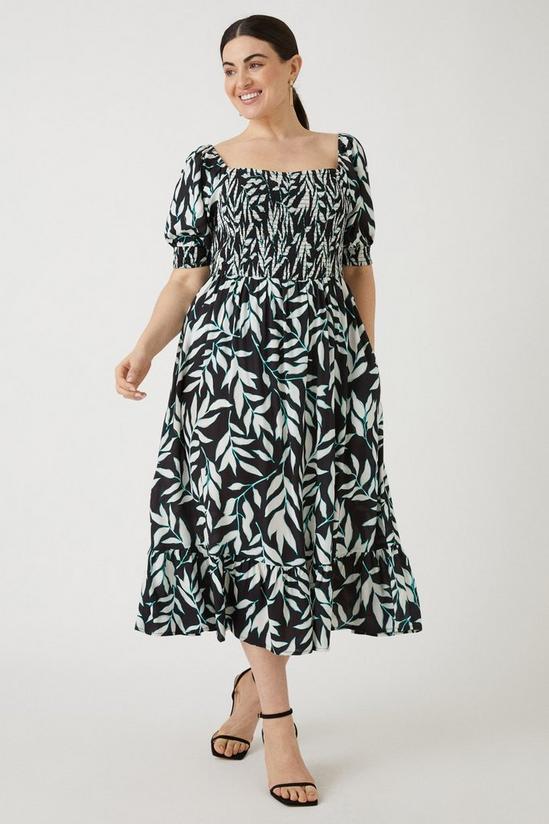 Wallis Curve Mono Leaf Print Bardot Smock Midi Dress 1
