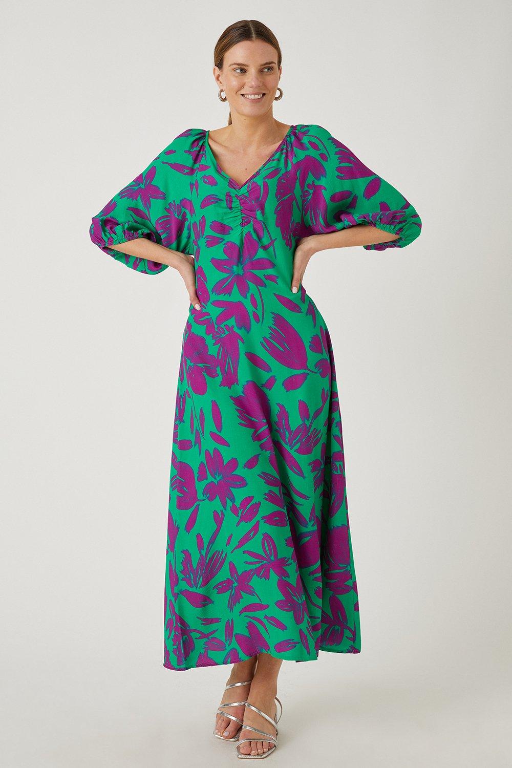Womens Green Floral Ruched Detail Maxi Dress