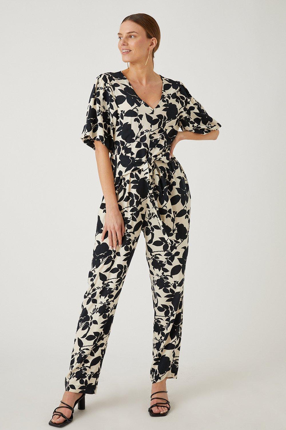 Womens Mono Stencil Floral Puff Sleeve Jumpsuit