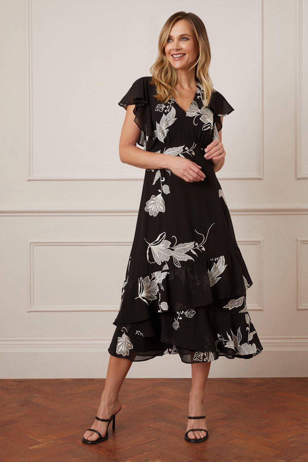 Womens Premium Embroidered Ruffle Maxi Dress