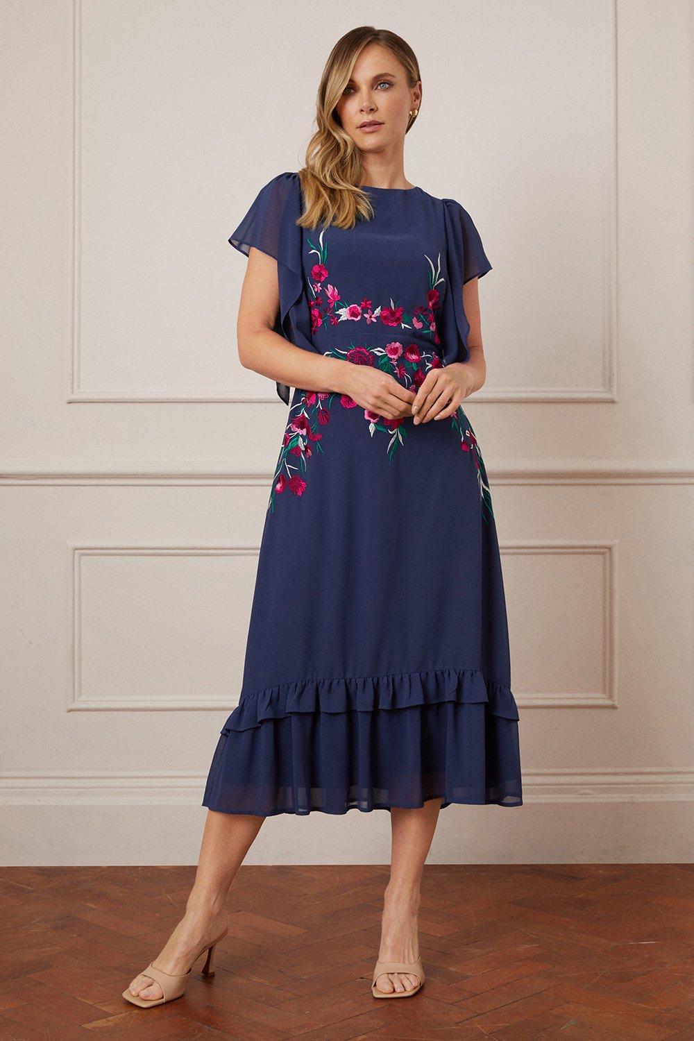 Womens Premium Embroidered Waist Drop Hem Midi Dress
