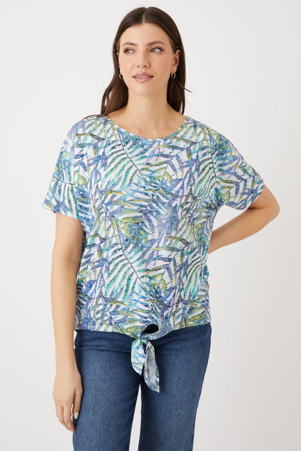 Womens Tall Palm Tie Front Top With Diamante Detail