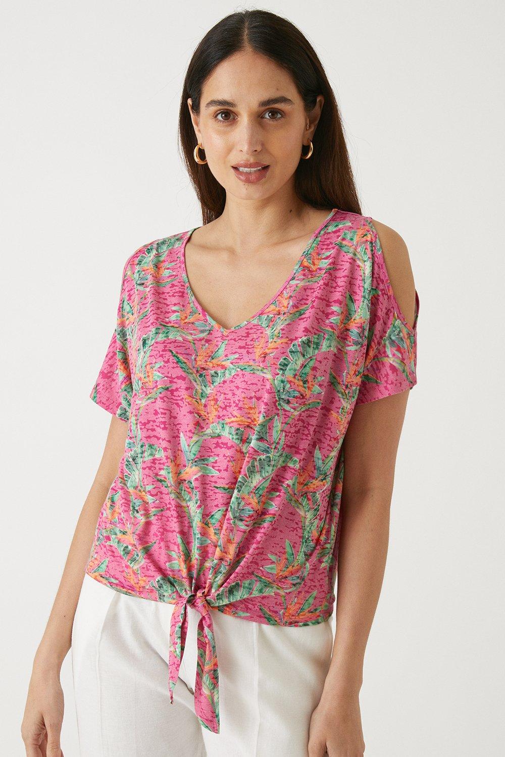 Womens Pink Tropical Cold Shoulder Jersey Top