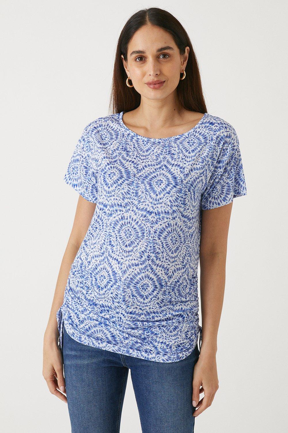Womens Blue Tie Dye Print Ruched Side Detail Jersey Top