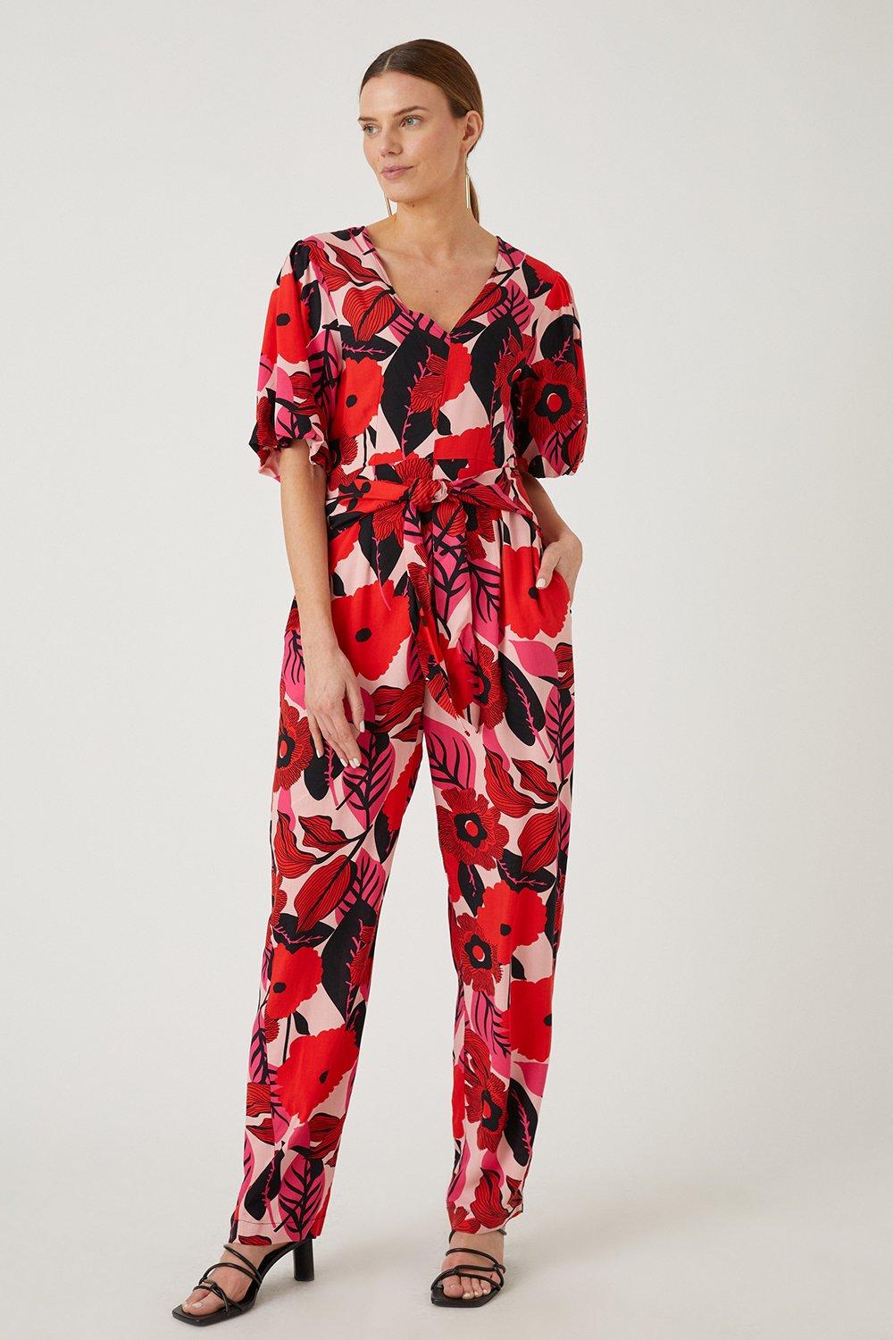 Womens Red Floral Puff Sleeve Jumpsuit