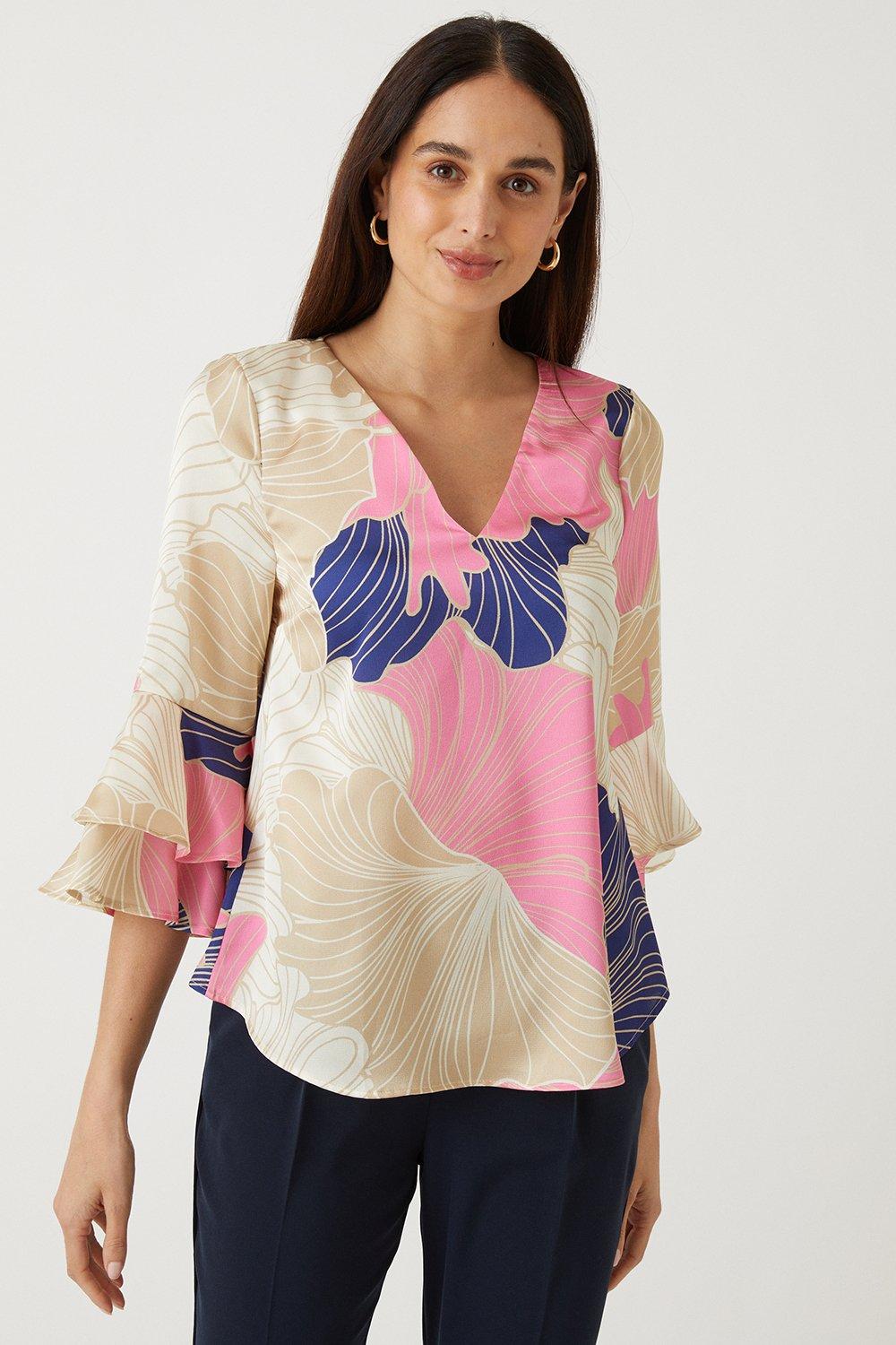Womens Multi Floral Satin Flute Sleeve Shell Top