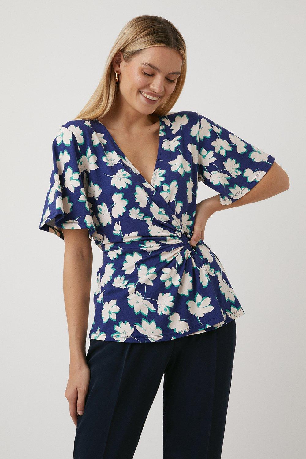 Womens Navy Stencil Floral Ring Wrap Jersey Top
