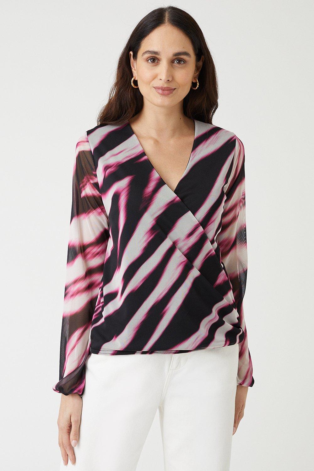 Womens Pink Abstract Long Sleeve Wrap Top