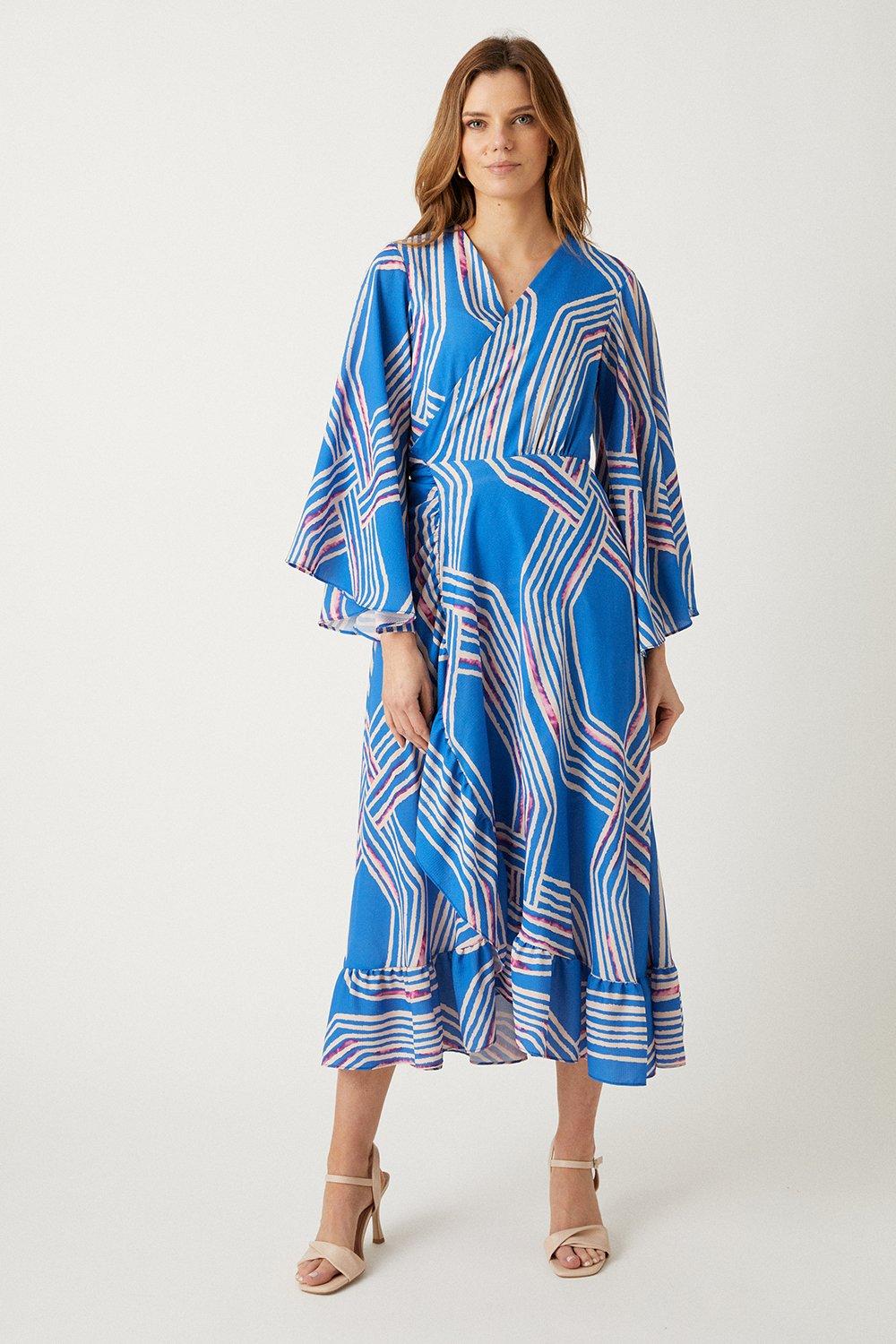 Womens Blue Geo Frill Detail Wrap Maxi Dress