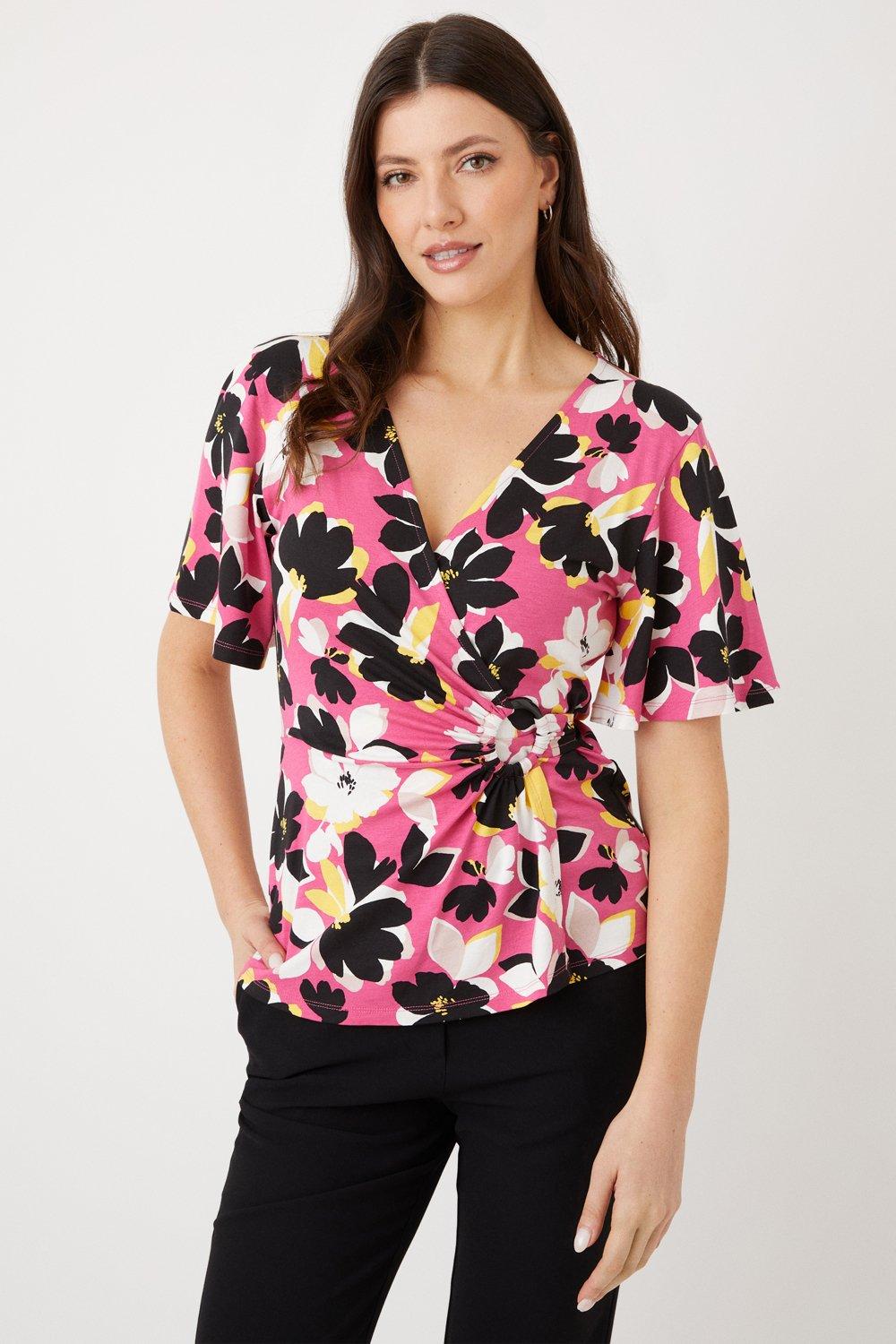 Womens Pink Floral Ring Wrap Jersey Top