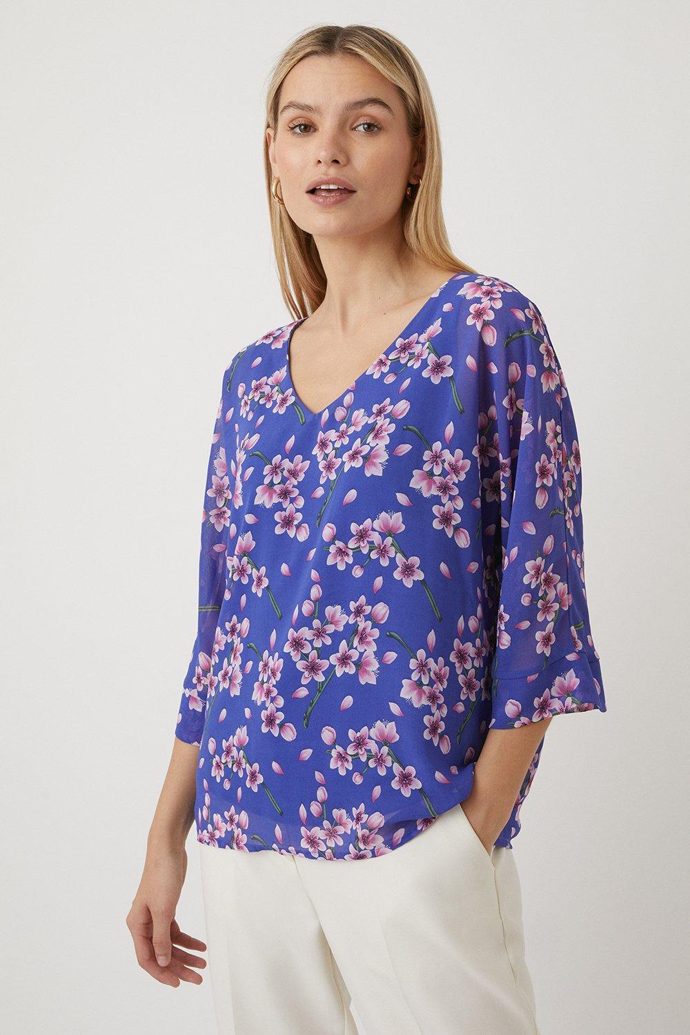 Womens Blue Floral V Neck Woven Overlay Top