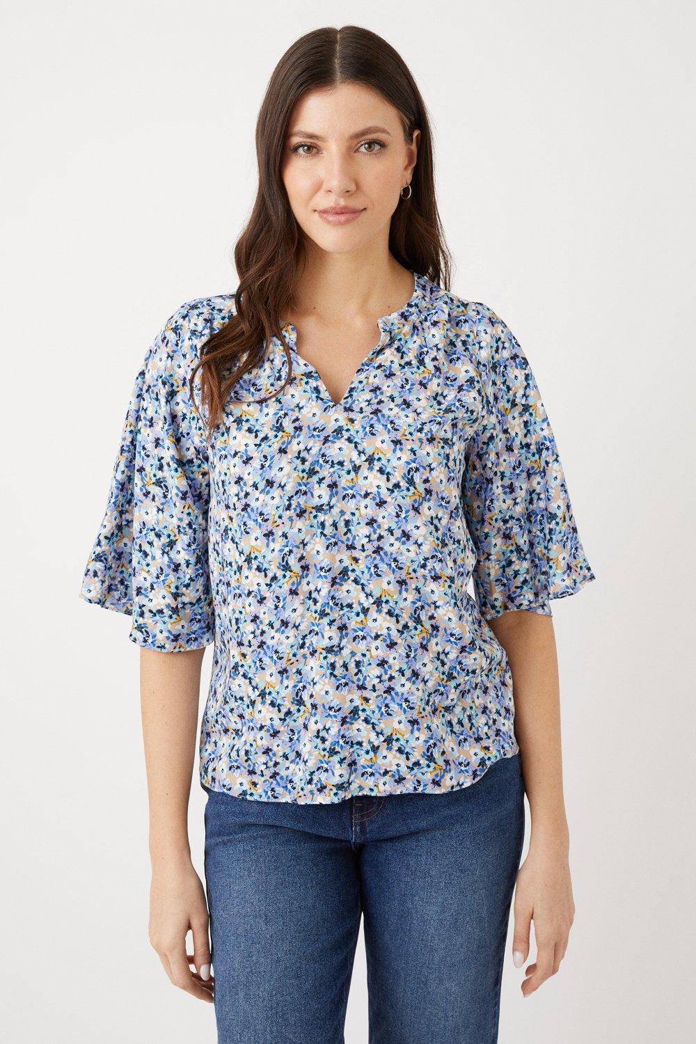 Womens Navy Ditsy Floral Flute Sleeve Top