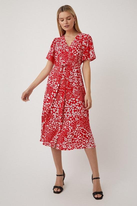 Wallis Red Ditsy Floral Button Through Midi Dress 1