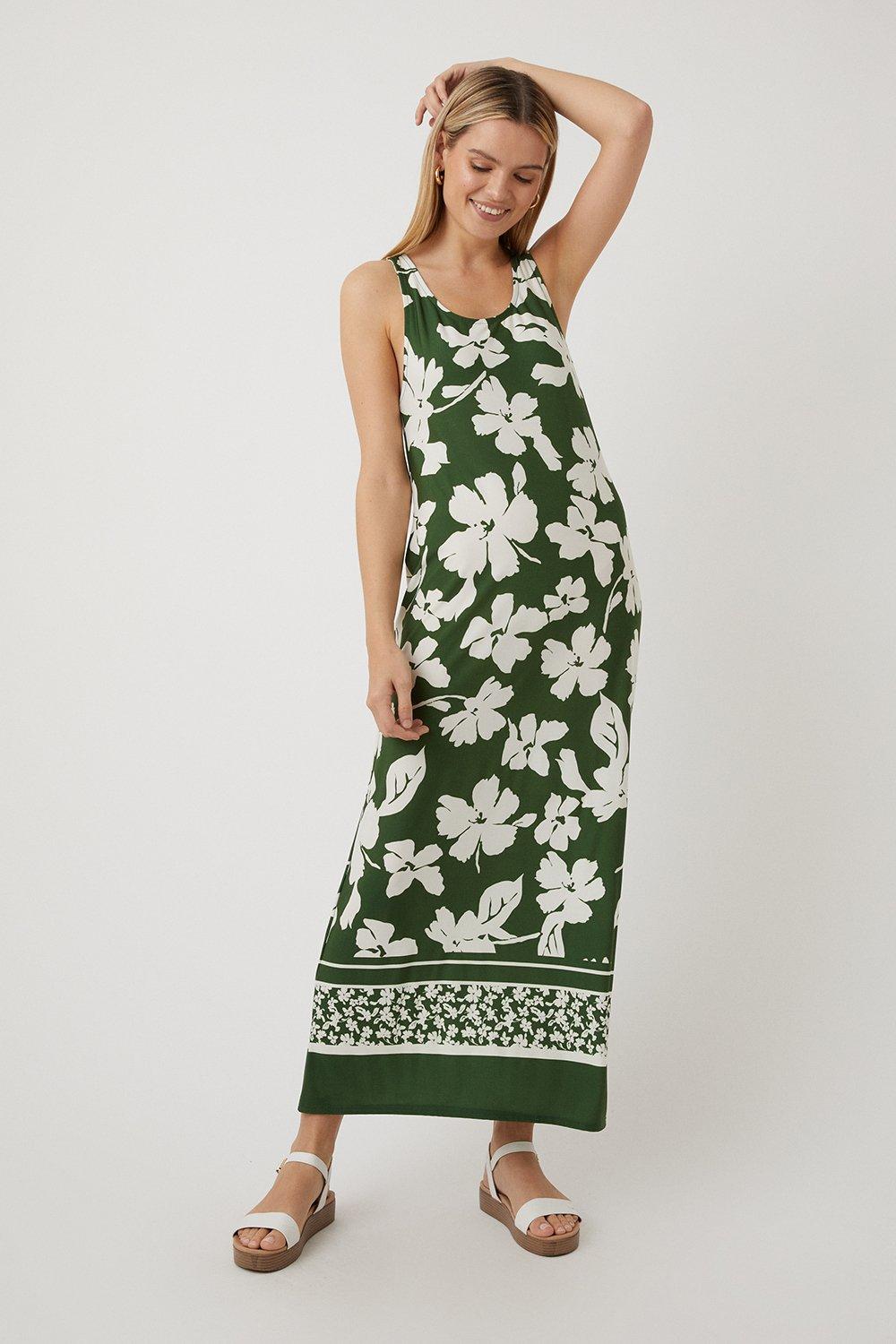 Womens Khaki Floral Border Print Maxi Dress