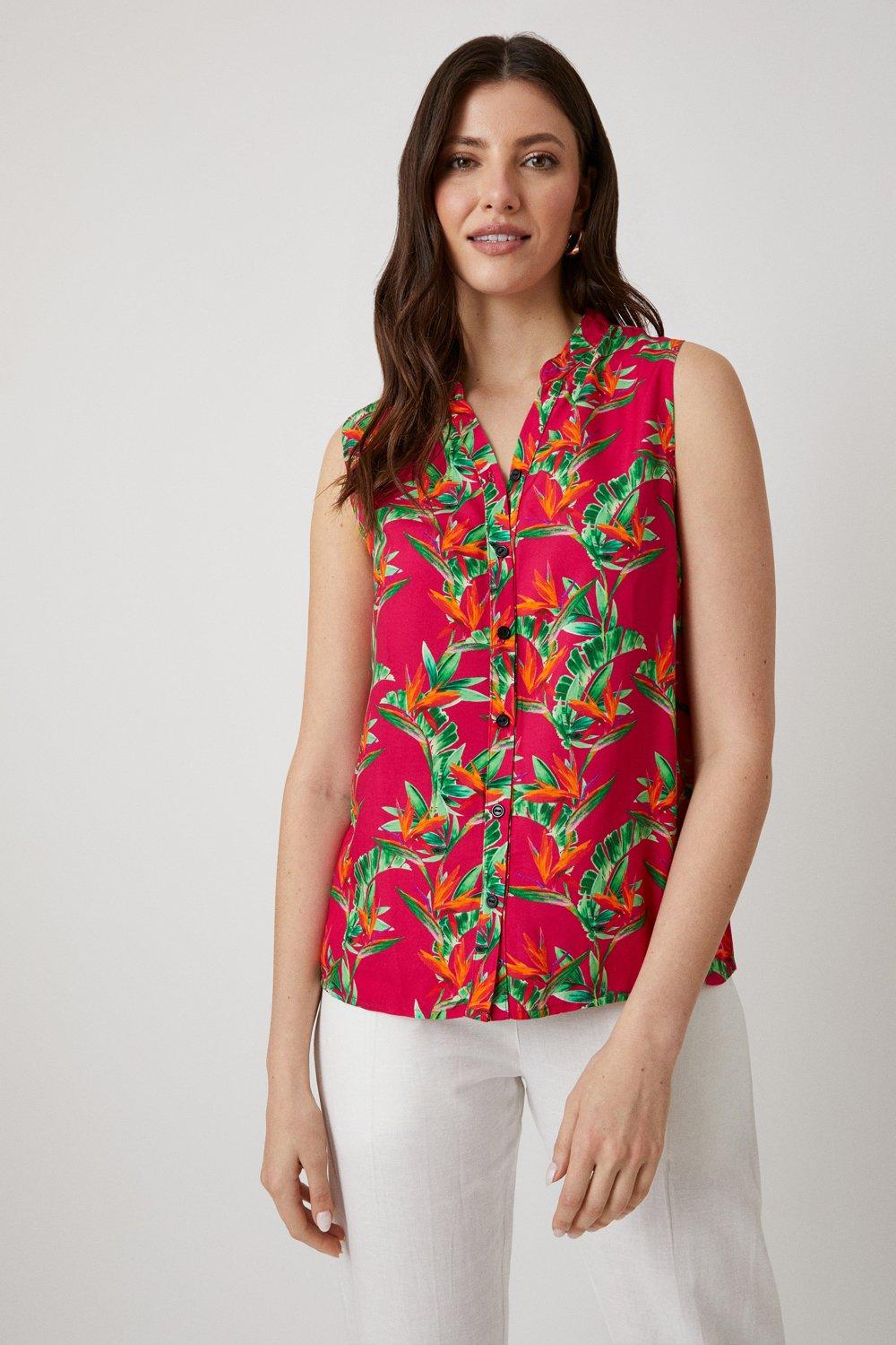 Womens Pink Tropical Print Sleeveless Shirt