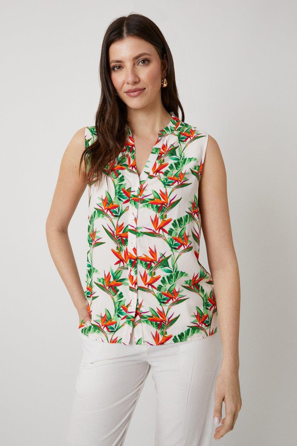 Womens Cream Tropical Print Sleeveless Shirt