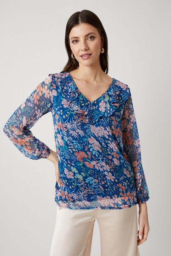 Wallis Blue Ditsy Floral Frill Front Blouson Sleeve Top 2