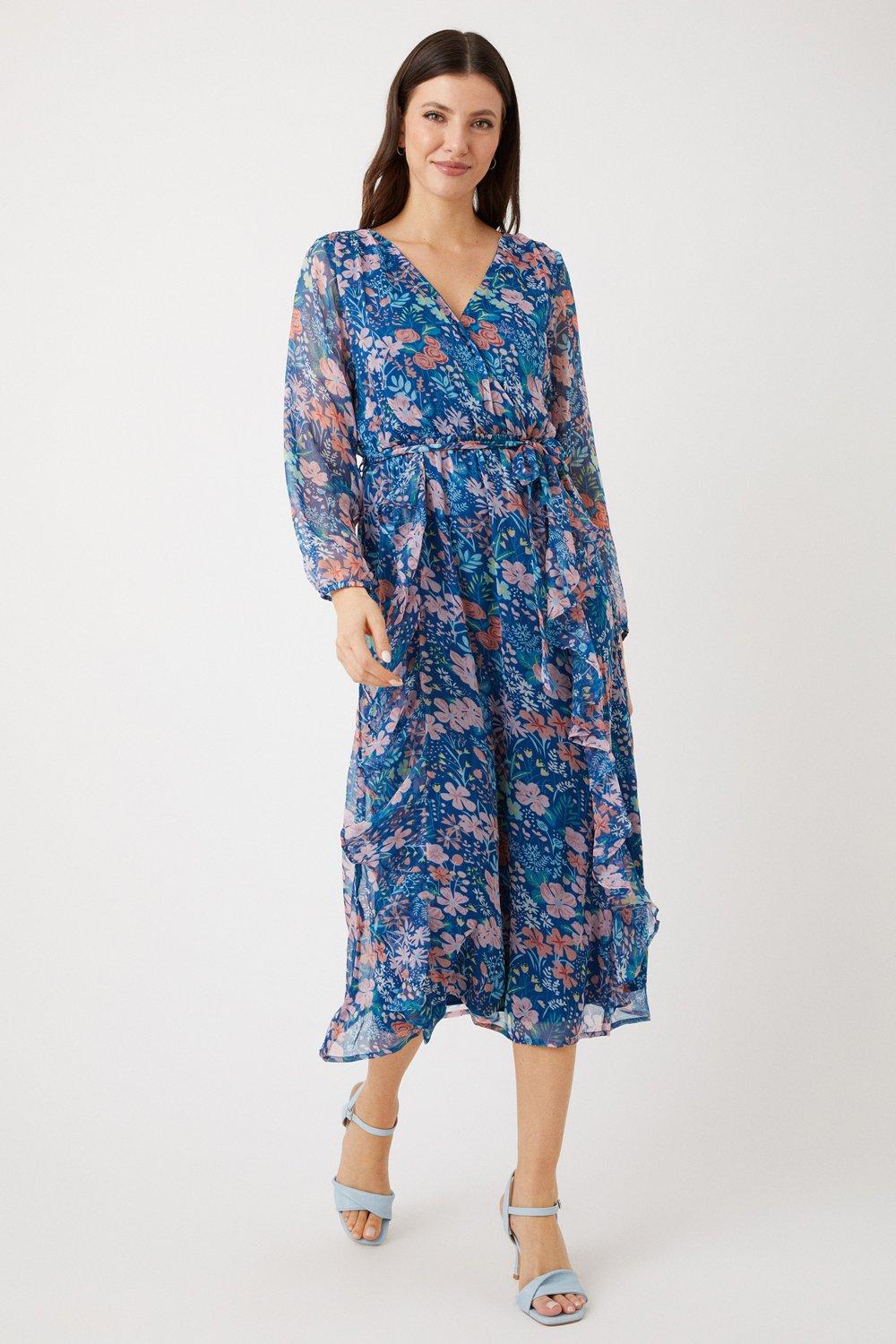 Womens Blue Ditsy Floral Frill Wrap Front Midi Dress