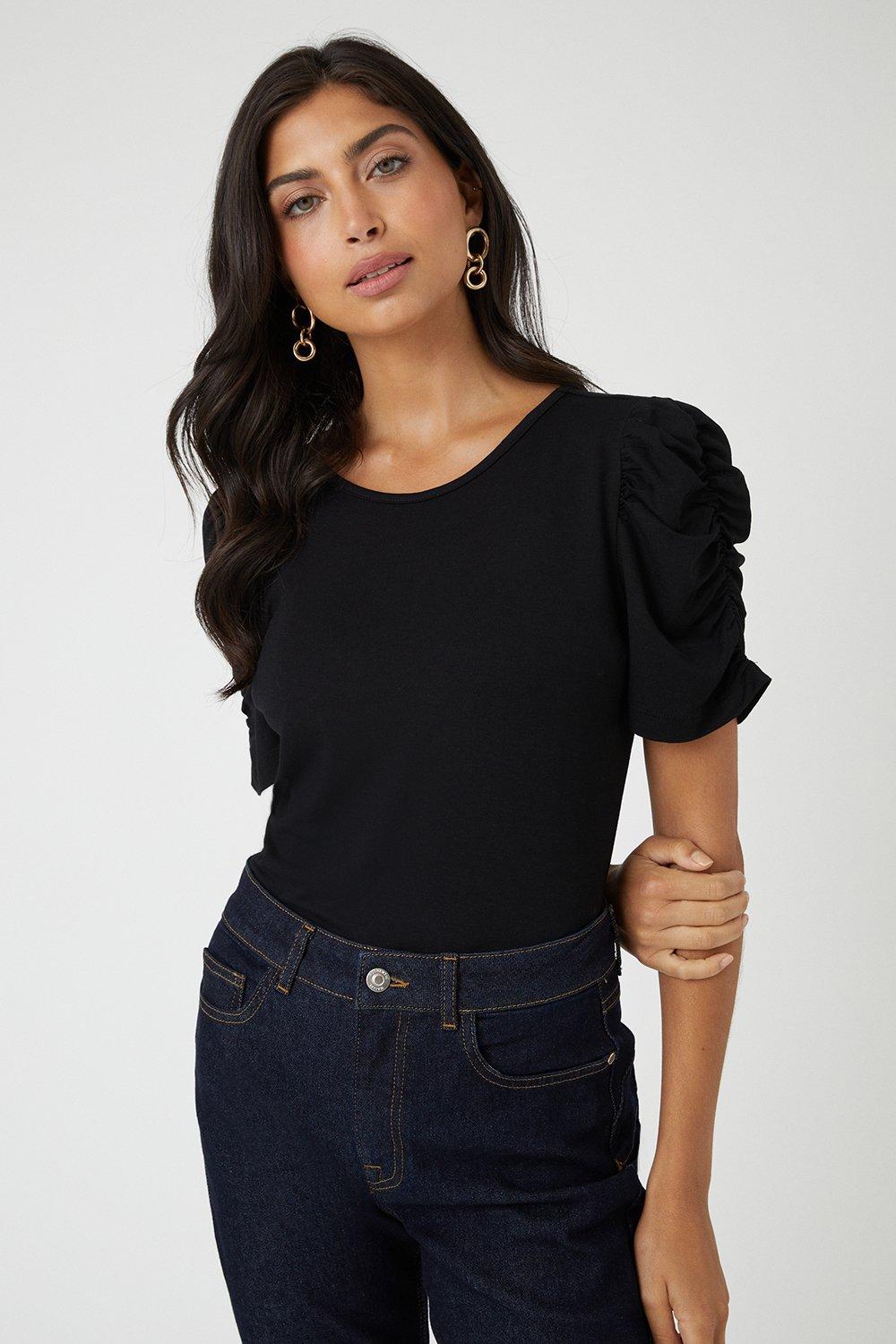 Womens Black Ruched Sleeve Top