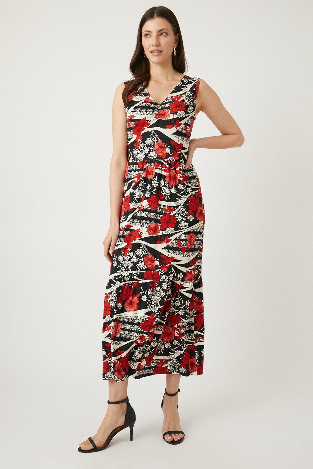 Womens Black Floral Ruch Detail Tiered Jersey Dress